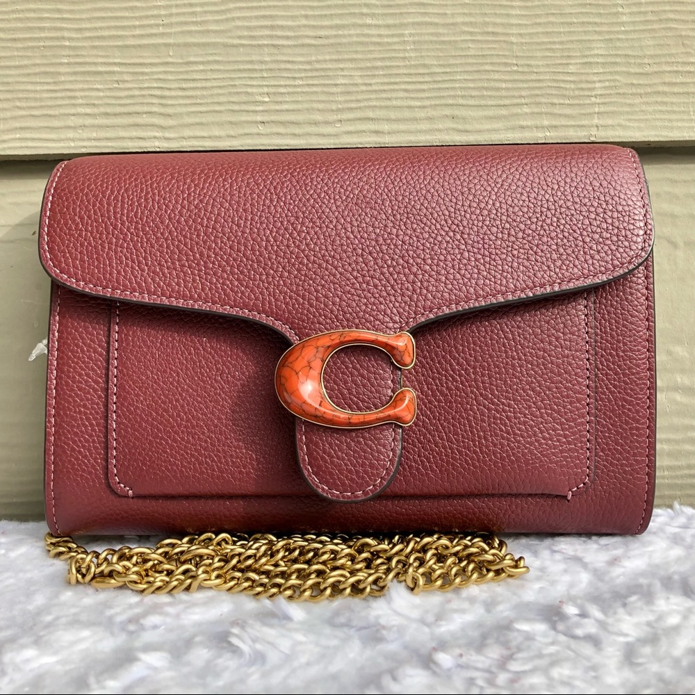 NEW Coach Tabby Pebble Leather Clutch Crossbody with Chain in Brass/Wine Color